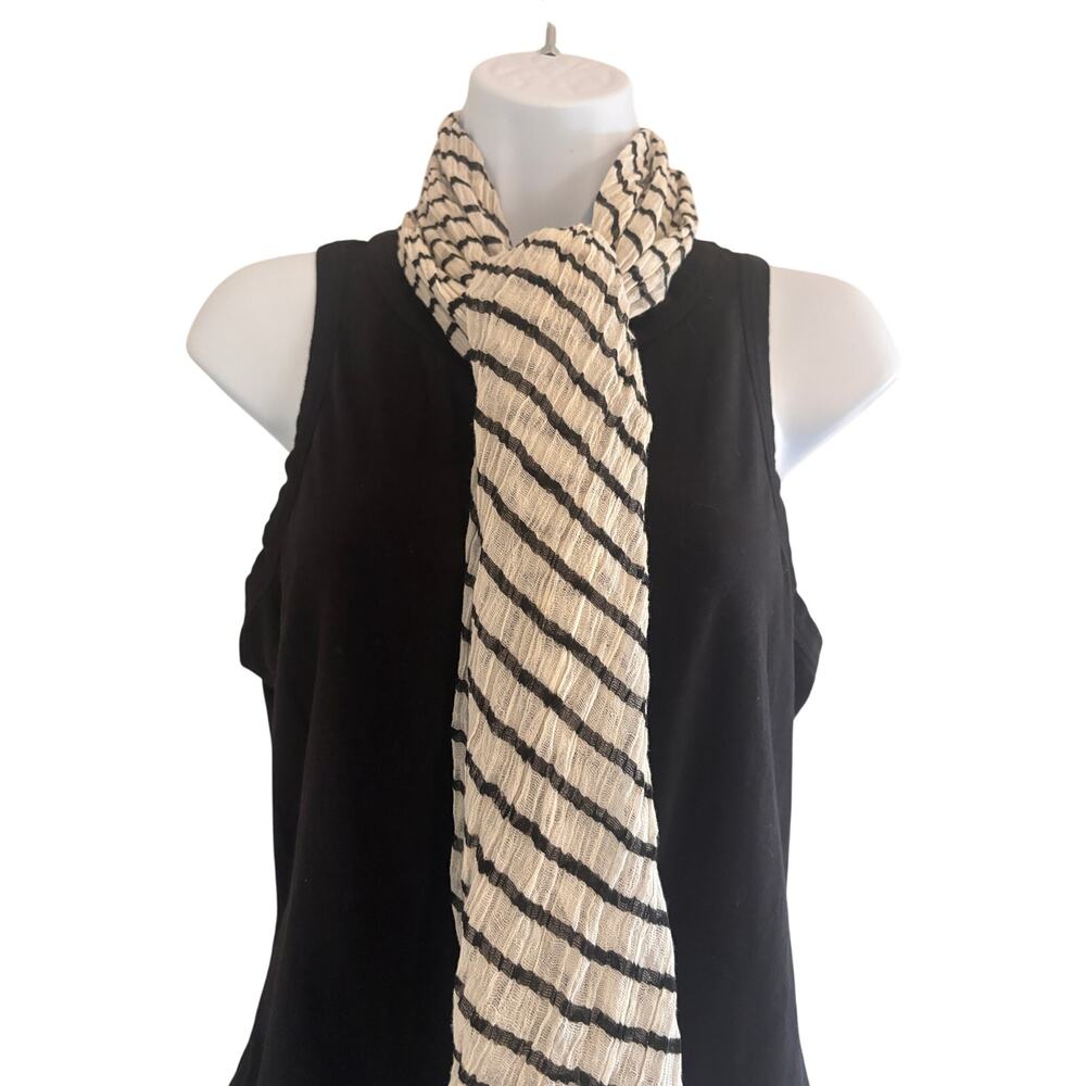 Black‎ White Stripe Lightweight Pleated Scarf Shawl Wrap Fringe